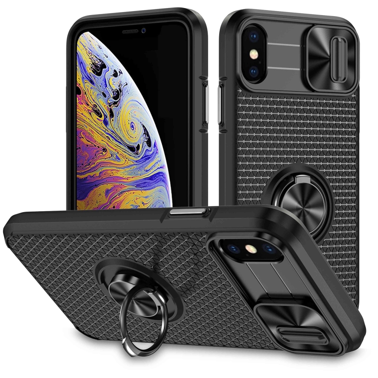 

For iPhone XR Sliding Camshield Armor Phone Case with Ring Holder(Black)