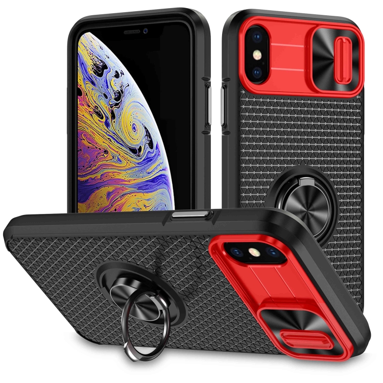 

For iPhone XR Sliding Camshield Armor Phone Case with Ring Holder(Red Black)