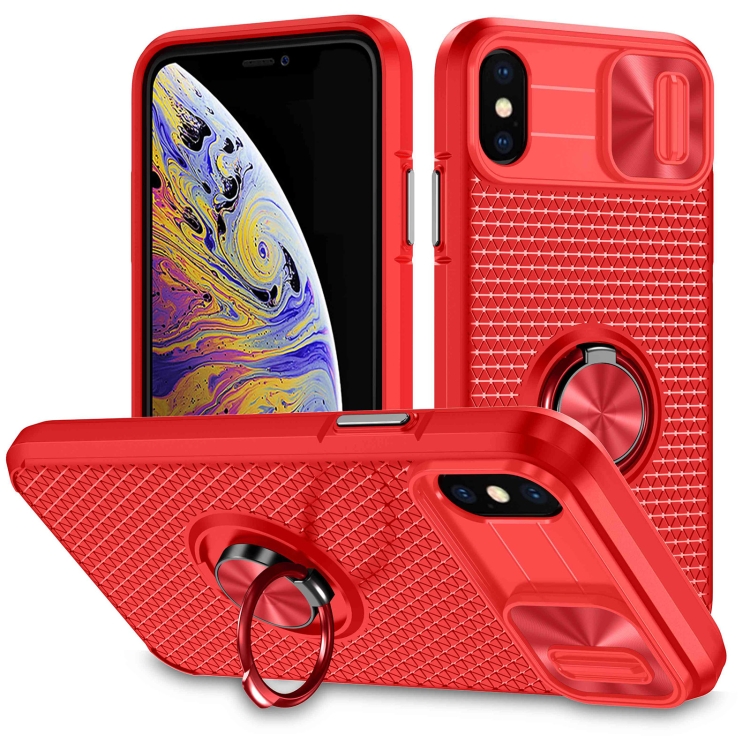 

For iPhone XR Sliding Camshield Armor Phone Case with Ring Holder(Red)