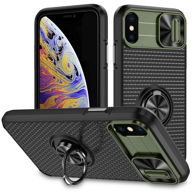 

For iPhone XR Sliding Camshield Armor Phone Case with Ring Holder(Army Green Black)