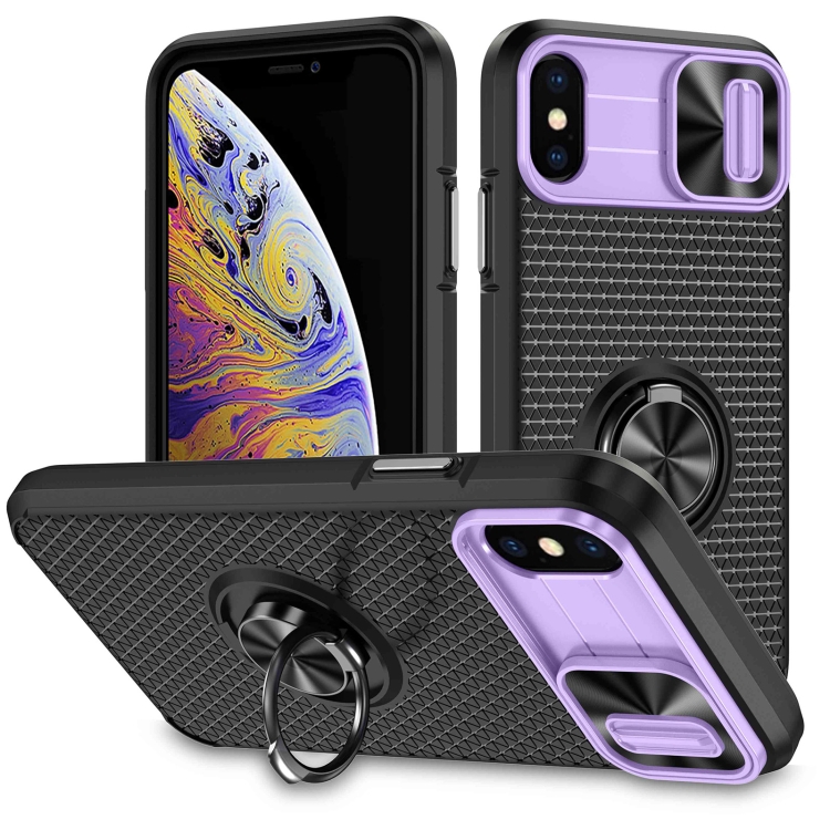 

For iPhone XR Sliding Camshield Armor Phone Case with Ring Holder(Purple Black)