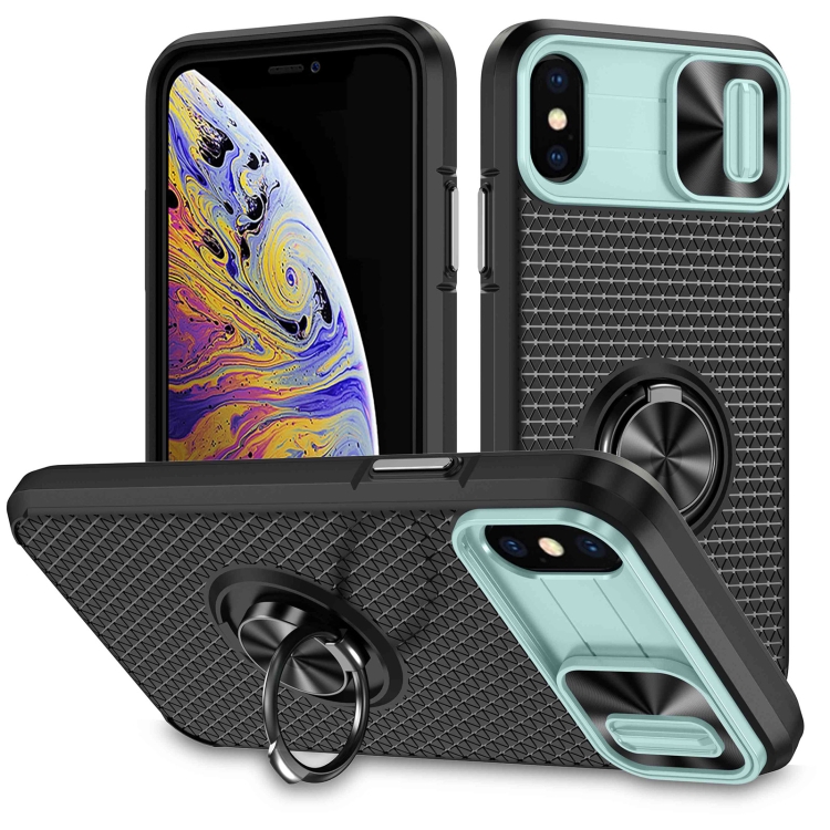 

For iPhone XS Max Sliding Camshield Armor Phone Case with Ring Holder(Grey Green Black)