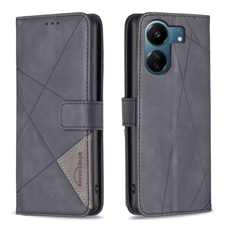 

For Xiaomi Redmi 13C Magnetic Buckle Rhombus Texture Leather Phone Case(Black)