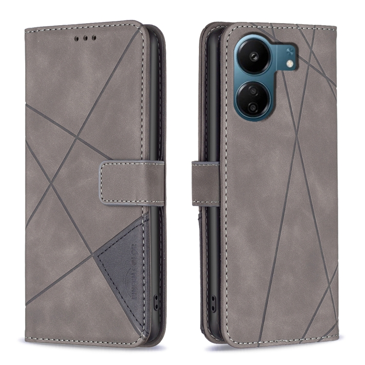 

For Xiaomi Redmi 13C Magnetic Buckle Rhombus Texture Leather Phone Case(Grey)