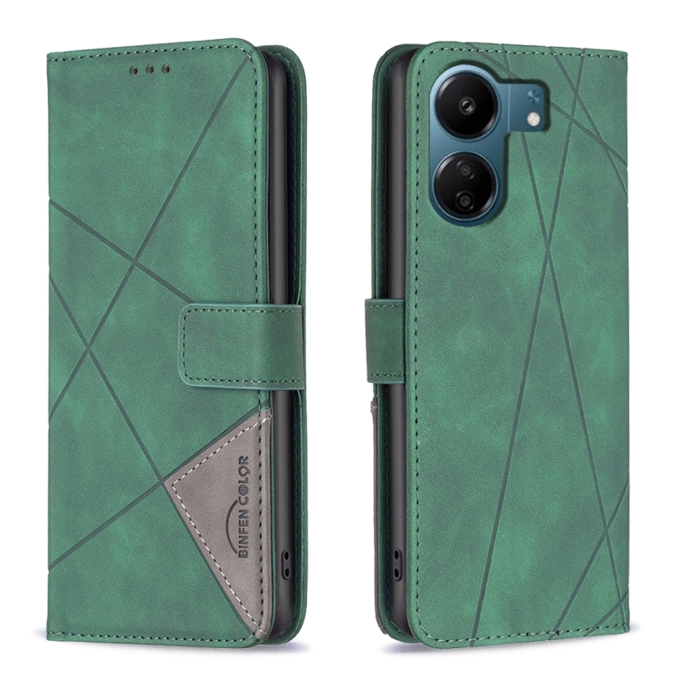 

For Xiaomi Redmi 13C Magnetic Buckle Rhombus Texture Leather Phone Case(Green)