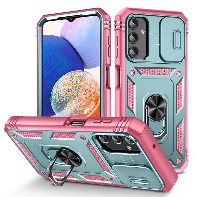 

For Samsung Galaxy A14 5G Sliding Camshield TPU + PC Phone Case(Green+Pink)