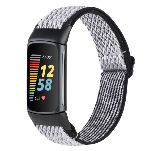 

For Fitbit Charge 5 Buckle Wave Braided Nylon Watch Band(White Black)