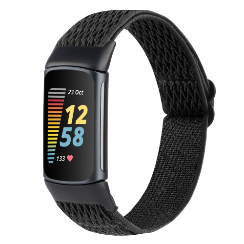 

For Fitbit Charge 5 Buckle Wave Braided Nylon Watch Band(Black)