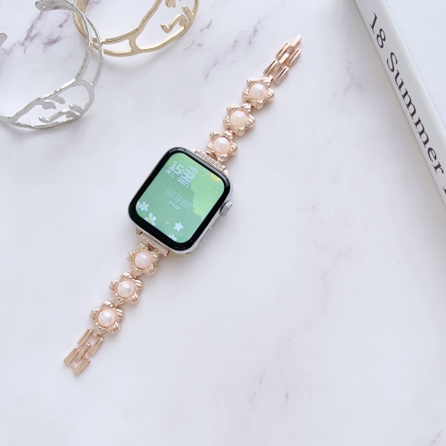 

Metal Bracelet Watch Band For Apple Watch Series 8&7 41mm / SE 2&6&SE&5&4 40mm / 3&2&1 38mm(Pearl Flower Rose)