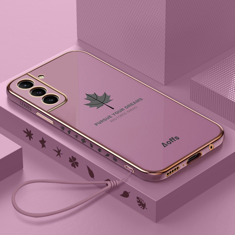 

For Samsung Galaxy S22 5G 9D Plating Maple Leaf Silicone Phone Case with Strap(Sakura Purple)