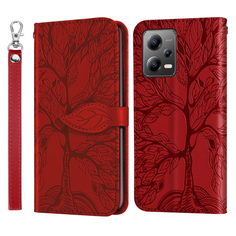 

For Xiaomi Poco X5 Life Tree Embossing Pattern Leather Phone Case(Red)