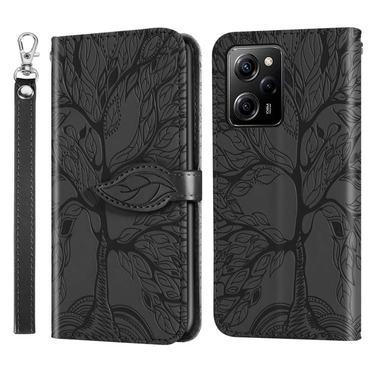 

For Xiaomi Poco X5 Pro Life Tree Embossing Pattern Leather Phone Case(Black)
