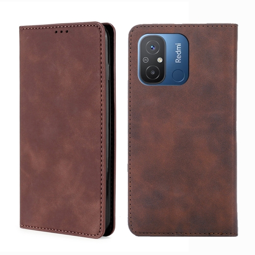 

For Xiaomi Redmi 12C 4G Skin Feel Magnetic Horizontal Flip Leather Phone Case(Dark Brown)