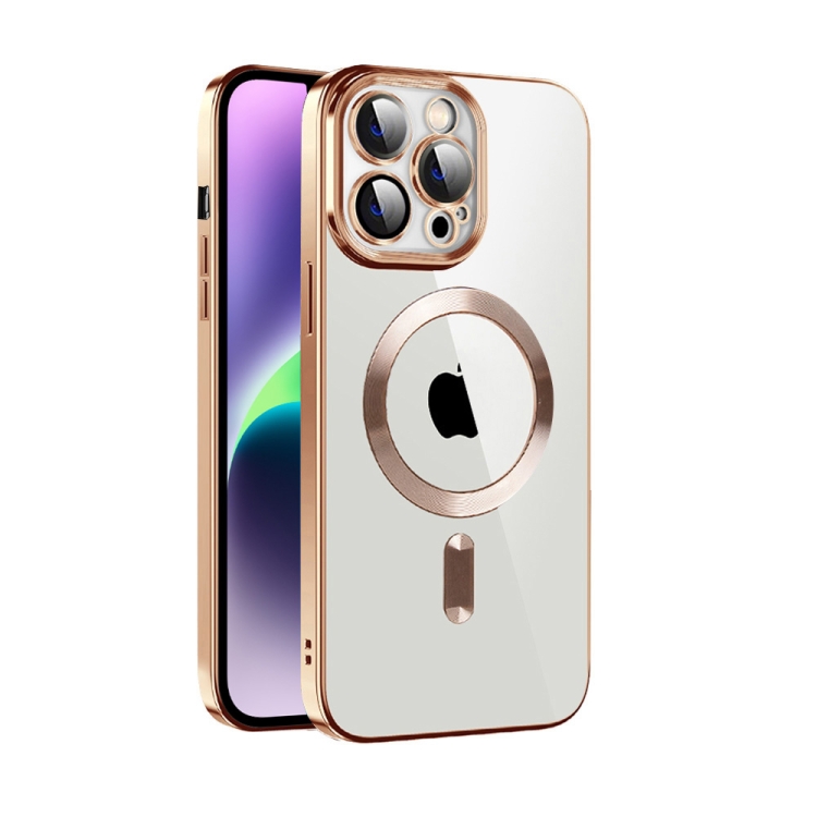 

For iPhone 14 CD Texture Plating TPU MagSafe Phone Case with Lens Film(Brown)