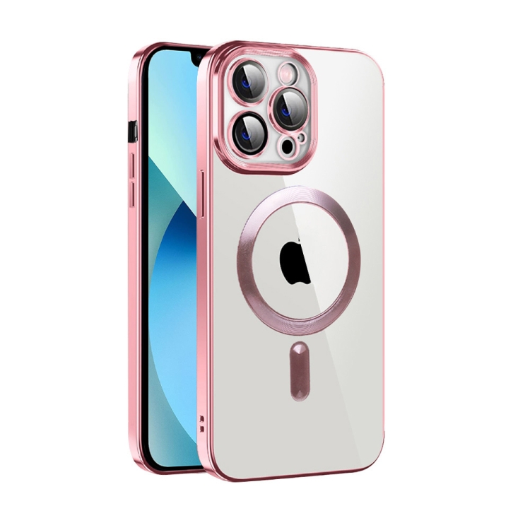 

For iPhone 13 CD Texture Plating TPU MagSafe Phone Case with Lens Film(Pink)