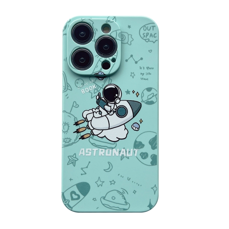 

For iPhone 14 Liquid Silicone Straight Side Phone Case(Green Astronaut)