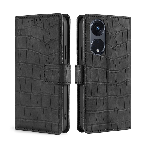 

For OPPO Reno8 T 5G/A1 Pro 5G Skin Feel Crocodile Magnetic Clasp Leather Phone Case(Black)