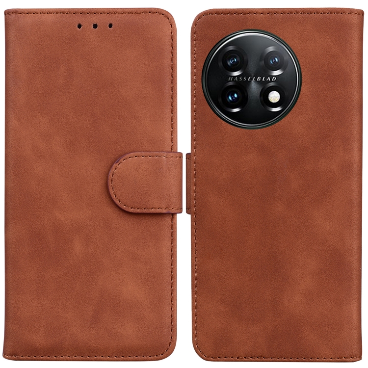 

For OnePlus 11 Skin Feel Pure Color Flip Leather Phone Case(Brown)