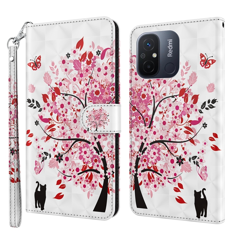 

For Xiaomi Redmi 11A 4G 3D Painting Pattern Leather Phone Case(Cat Under The Tree)