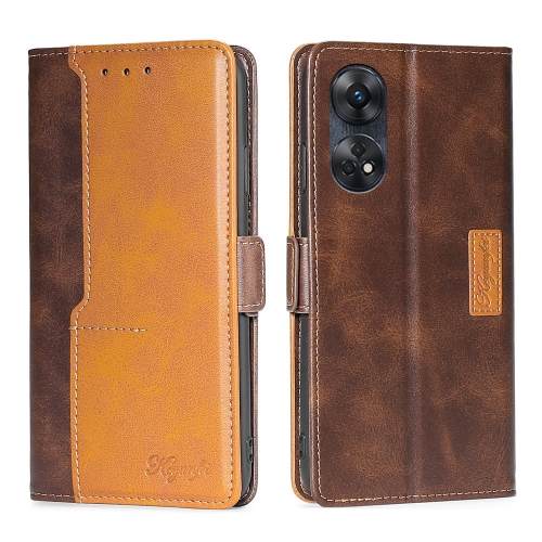 

For OPPO Reno8 T 4G Contrast Color Side Buckle Leather Phone Case(Dark Brown + Gold)