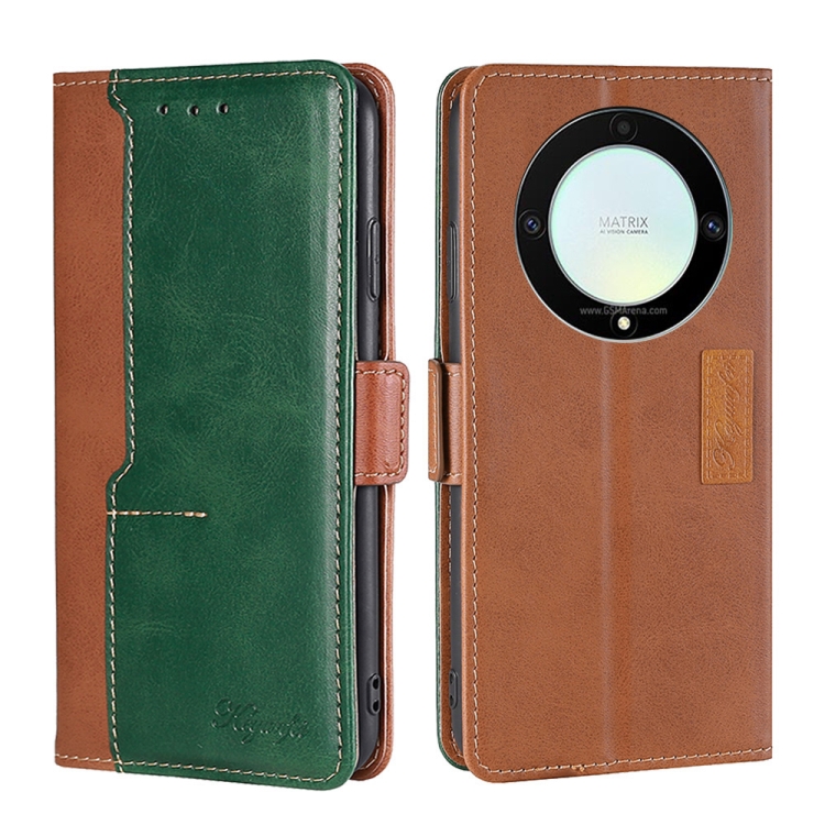 

For Honor X9a 5G Contrast Color Side Buckle Leather Phone Case(Light Brown + Green)