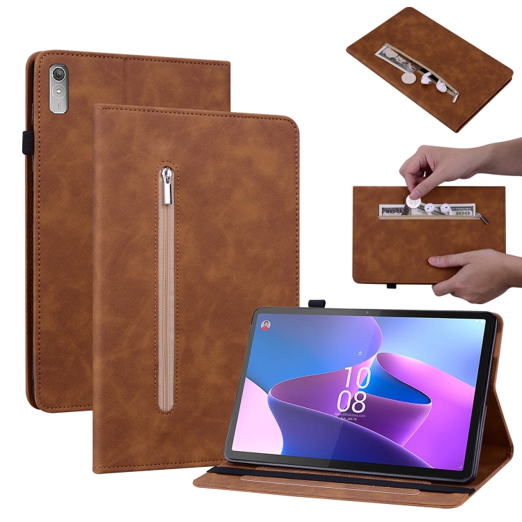 

For Lenovo Tab P11 Gen 2 11.5 Skin Feel Solid Color Zipper Leather Tablet Case(Brown)