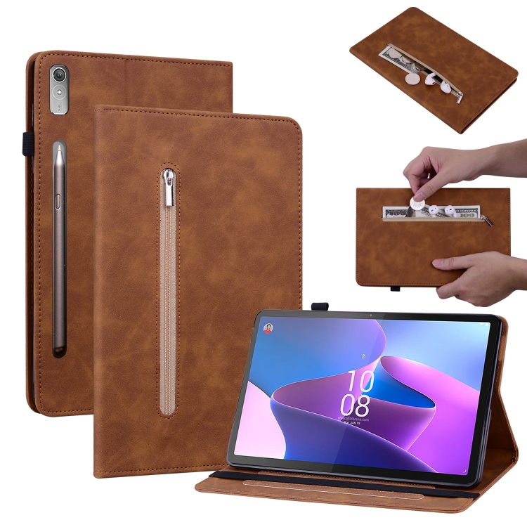 

For Lenovo Tab P11 Pro Gen 2 11.2 Skin Feel Solid Color Zipper Leather Tablet Case(Brown)
