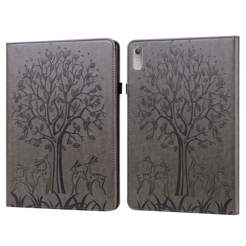 

For Lenovo Tab P11 Gen 2 Tree & Deer Pattern Embossed Leather Tablet Case(Grey)