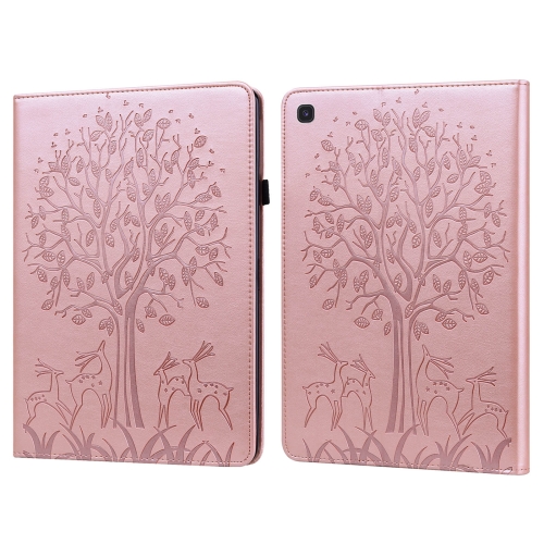 

For Samsung Galaxy Tab S5e Tree & Deer Pattern Embossed Leather Tablet Case(Pink)