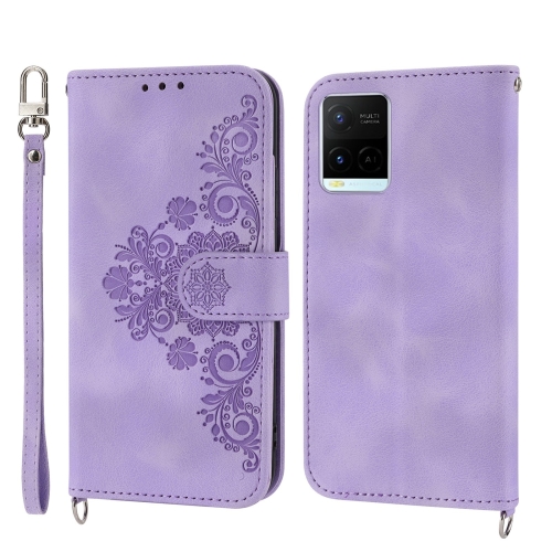 

For vivo V21 2021 Skin-feel Flowers Embossed Wallet Leather Phone Case(Purple)