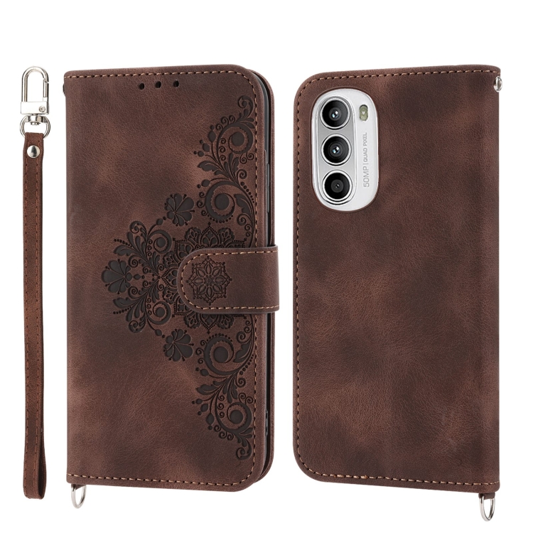 

For Motorola Moto G52 Skin-feel Flowers Embossed Wallet Leather Phone Case(Brown)