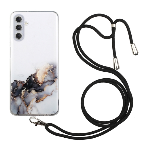 

For Samsung Galaxy A14 5G / 4G Hollow Marble Pattern TPU Phone Case with Neck Strap Rope(Black)