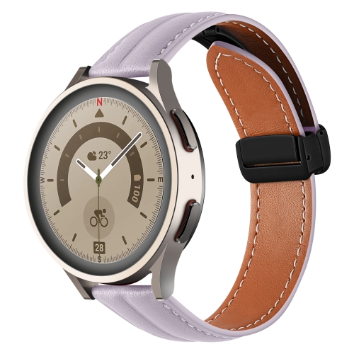 

20mm Folding Buckle Grooved Genuine Leather Watch Band, Black Buckle(Purple)