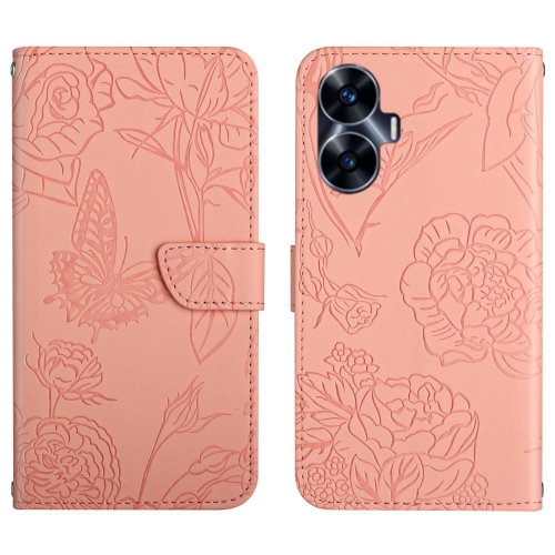 

For Realme C55 HT03 Skin Feel Butterfly Embossed Flip Leather Phone Case(Pink)