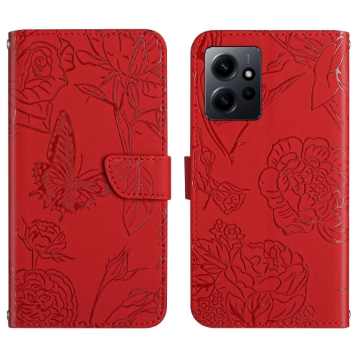 

For Xiaomi Redmi Note 12 4G Global HT03 Skin Feel Butterfly Embossed Flip Leather Phone Case(Red)