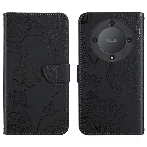 

For Honor X9a 5G / Magic5 Lite HT03 Skin Feel Butterfly Embossed Flip Leather Phone Case(Black)