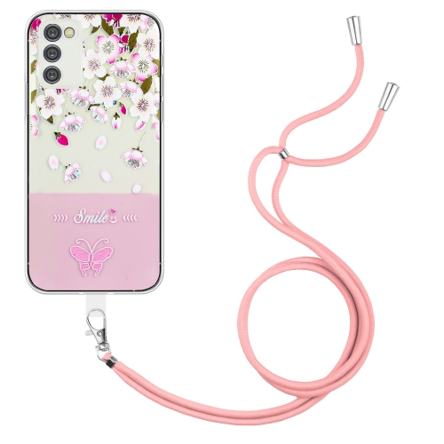 

For Samsung Galaxy A54 5G Bronzing Butterfly Flower TPU Phone Case with Lanyard(Peach Blossoms)