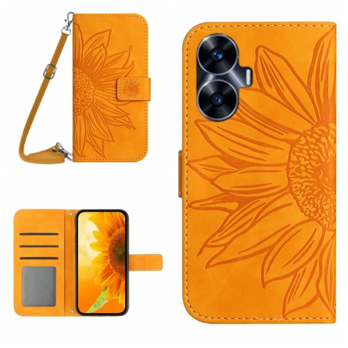 Para Realme C55 Skin Feel Sun Flower Funda de cuero con tapa en relieve con  cordón (