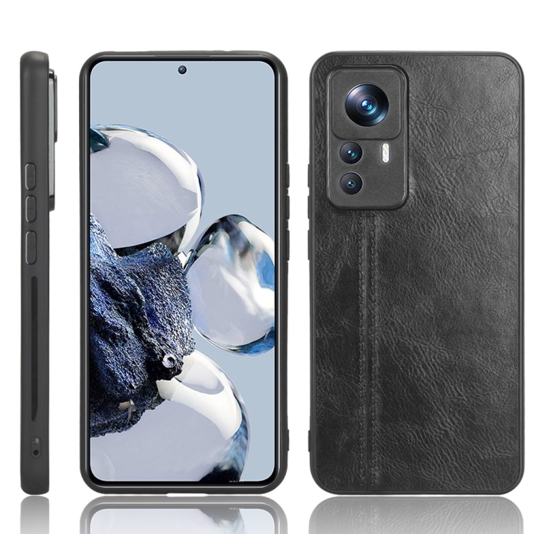 

For Xiaomi 12T Pro Sewing Cow Pattern Skin PC + PU + TPU Phone Case(Black)