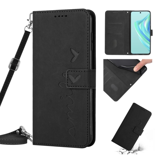

For Infinix Hot 20i Skin Feel Heart Pattern Leather Phone Case with Lanyard(Black)