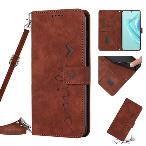 

For Motorola Moto G73 Skin Feel Heart Pattern Leather Phone Case with Lanyard(Brown)