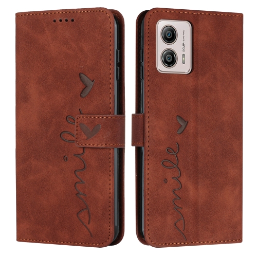 

For Motorola Moto G73 Skin Feel Heart Embossed Leather Phone Case(Brown)