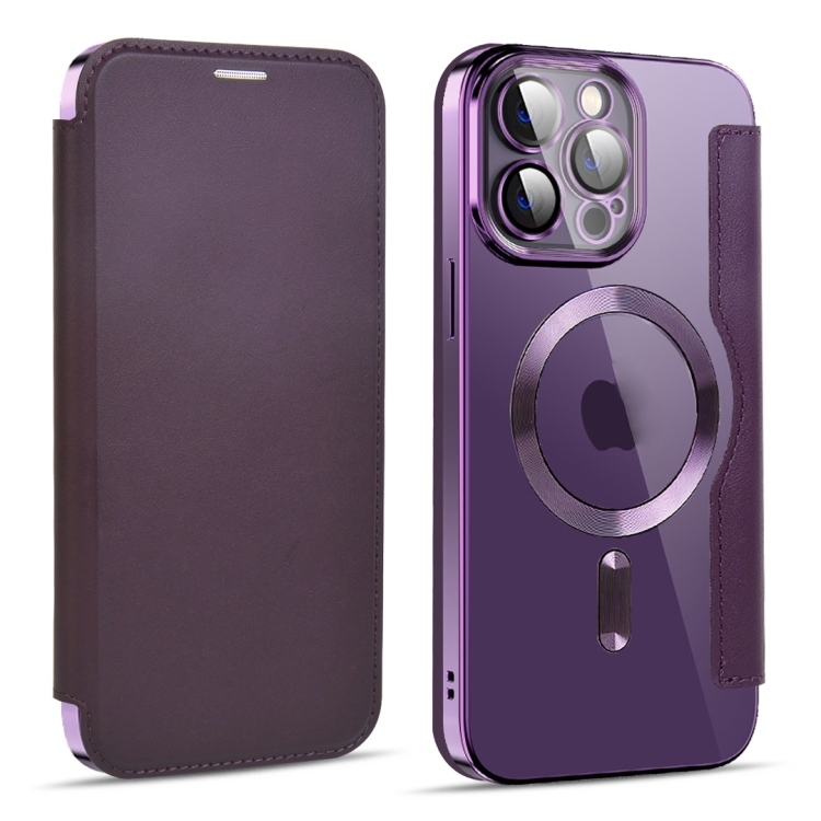 

For iPhone 14 Pro Max MagSafe Magnetic RFID Anti-theft Leather Phone Case(Dark Purple)