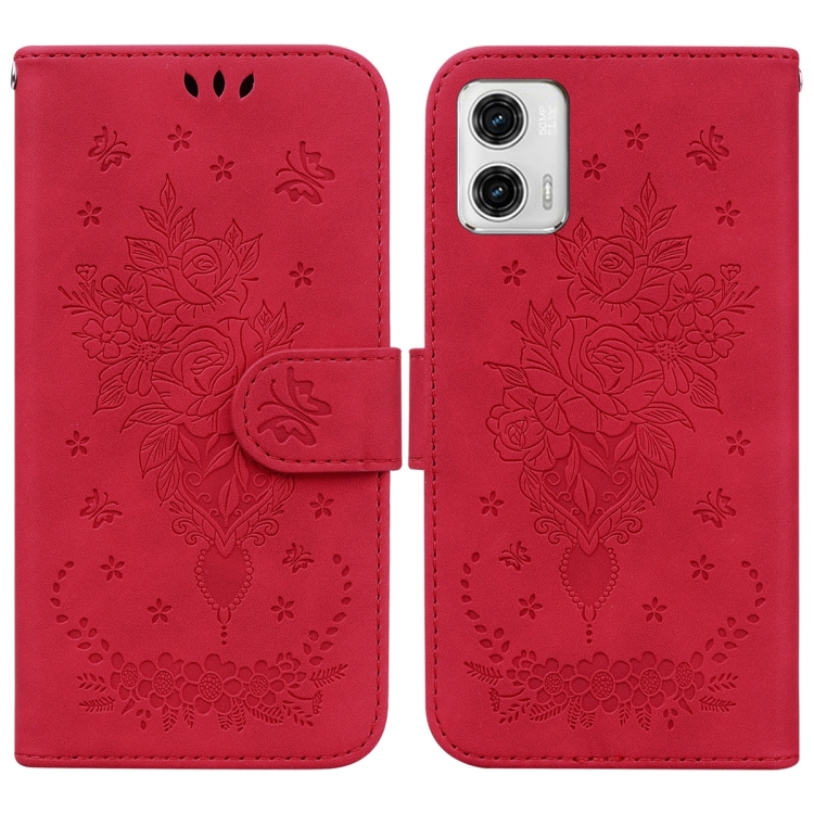 

For Motorola Moto G73 Butterfly Rose Embossed Leather Phone Case(Red)