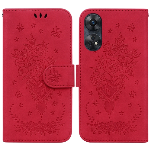 

For OPPO Reno8 T 4G Butterfly Rose Embossed Leather Phone Case(Red)