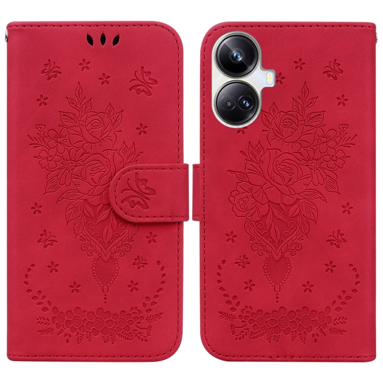 

For Realme 10 Pro+ Butterfly Rose Embossed Leather Phone Case(Red)