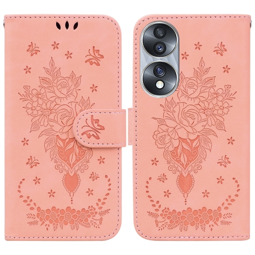 

For Honor 70 Butterfly Rose Embossed Leather Phone Case(Pink)