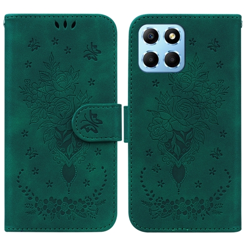 

For Honor X8 5G Butterfly Rose Embossed Leather Phone Case(Green)