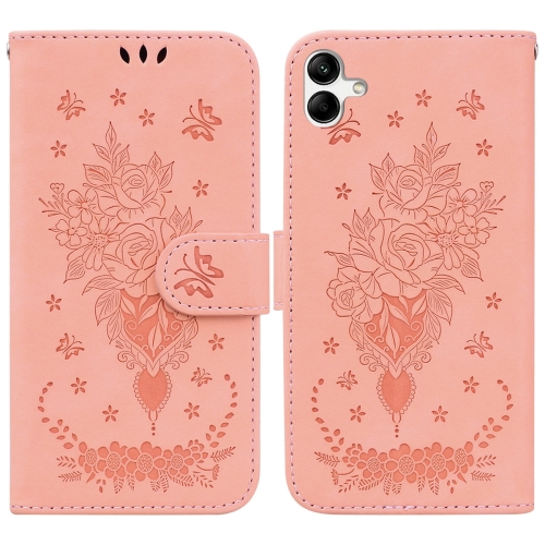 

For Samsung Galaxy A04e / F04 / M04 Butterfly Rose Embossed Leather Phone Case(Pink)