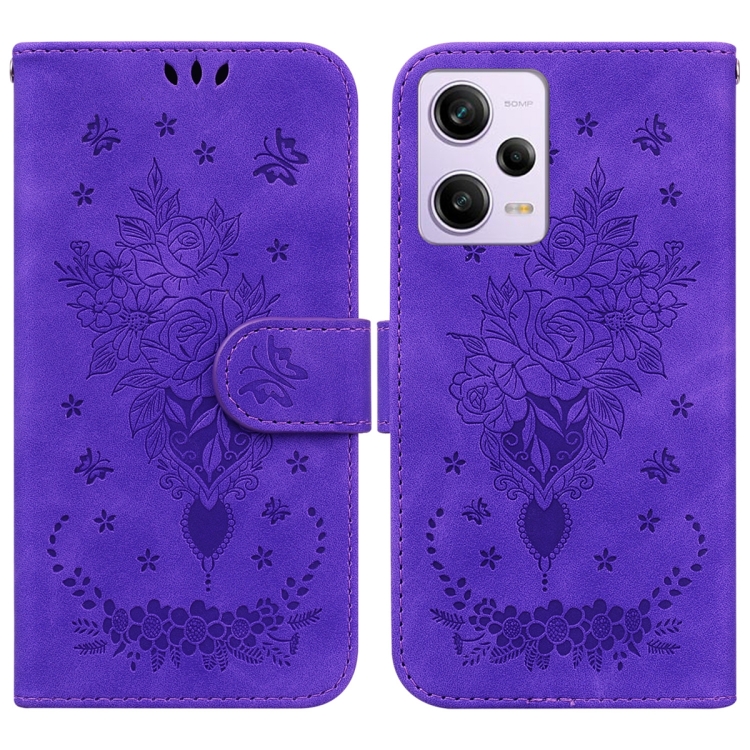 

For Xiaomi Redmi Note 12 Pro Butterfly Rose Embossed Leather Phone Case(Purple)